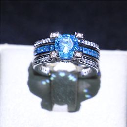 Fashion White Gold Filled Wedding Couple Rings Solitaire Aquamarine Simulated Diamond CZ Finger Rings for Bride Unique Gift Size5-10