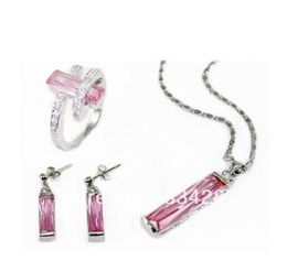 Charming Set Jewelry Pink Zircon Pendant Earring Ring +Chain