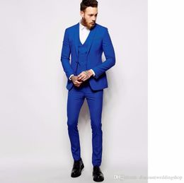 Top Design Groom Tuxedos Two Buttons Royal Blue Notch Lapel Groomsmen Best Man Suit Wedding Mens Suits (Jacket+Pants+Vest+Tie) J401