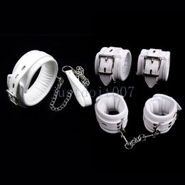 Bondage White PU Leather Handcuffs Ankle Cuffs Restraints Neck Collar With Chain Leash #R98