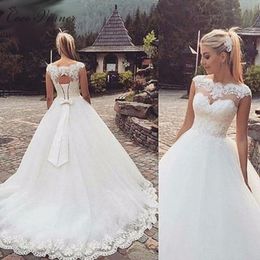 2022 Vintage Lace Wedding Gowns Illusion Bateau Neck Applique A-line Court Train Lace-up Back Cap Sleeve Bridal Wedding Gown With Sash