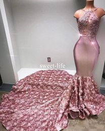 -Neue Ankunft Dusty Pink Spaghetti Prom Kleider Mit Flora Lange Zug 2020 Kristalle Perlen Sheer Top Abendkleider Mermaid Formal Party Dresse