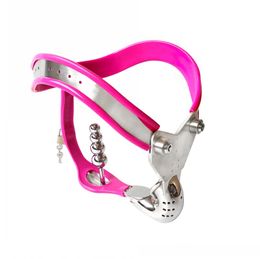 Stainless Steel Male Pink Chastity Device Model-T Adjustable Curve Waist Belt Cock Cage with Plug BDSM Sex Toys