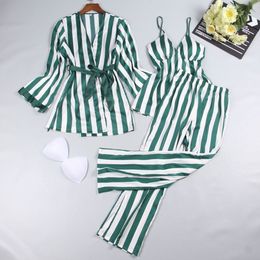 Satin Sleepwear Female Women Pajamas Sets Fashion Spaghetti Strap Tops Stripes Sleep Lounge Summer Home Clothing Pijama 3 Piece S1024