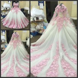 Pink 3D Floral Formal Evening Dresses Jewel Sheer Neck Long Sleeves Prom Dresses Court Train Tiered Skirts Lace Up Custom Made Bridal Gowns