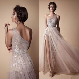2020 New Prom Pageant Dresses Modest Fashion One Shoulder Sexy Full length Berta Evening Party Gown Occasion Dress Lace Beaded Split