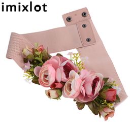 Imixlot Sweet Elegant Women Pink Flower Belt Elastic Waist Chain Wedding Buckle Waistband Boho Floral Belt Accessories