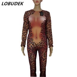 Leopard printing sexy female slim jumpsuit Rompers show stage wear DS Role costumes Nightclub Bar Party singer Cosplay performance clothing