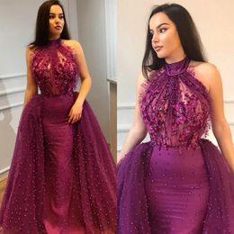 Dark Purple Halter Neckline Mermaid Prom Dresses Long Beads Overskirts Evening Gowns Pleats Sexy Backless Party Cocktail Dress