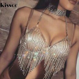 KISSCC Sexy Sequined Rhinestone Metal Chain Bra Hollow Out Diamond Camis Party Crop Tops Summer Night Club Chain Party Bralette