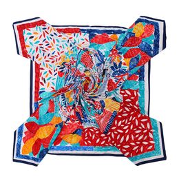 POBING 100% Twill Scarf Women Fashion Foulard Neckerchief Multicolor Leaf Print Scarves Large Square Neck Wrap New Beach Towel 130343Y