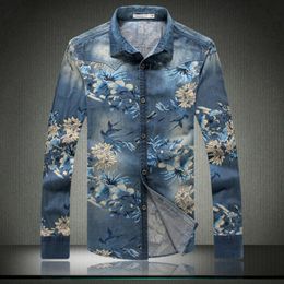 Wholesale-Fashion Men Casual Floral Shirts Spring Long Sleeved Shirt Slim Denim Shirt Floral Men's Male Slim Fit Cardigan Plus Size