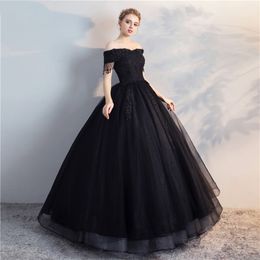 Black Ball Gown Gothic Wedding Dress Off the Shoulder Beaded lace Floor Length Corset Back Women Non White Colourful Bridal Gowns