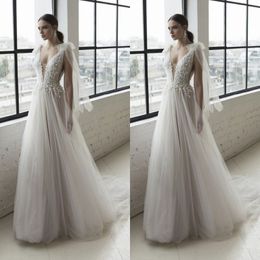 julie vino beach wedding dresses bohemia sexy plunging neckline lace appliqued bridal gowns a line tulle wedding dress