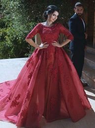 Vintage Burgundy Gothic Wedding Dresses Half Sleeves Detachable Train Lace Tulle Non White Arabic Bridal Gowns Couture Custom Made