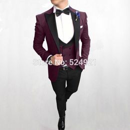 Brand New Groomsmen Burgundy Groom Tuxedos Peak Black Lapel Men Suits Wedding Best Man Bridegroom (Jacket + Pants + Vest + Bow Tie) L217