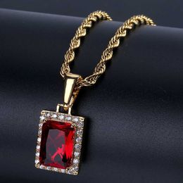 Hip Hop Men Women Square Crystal Rhinestion Pendant Necklace Gold/Silver Colour Micro Pave CZ Stone Chain Necklace