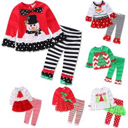 Natale bambini stampati pigiama abiti per Babbo Natale Renna Xmas Tree ragazza manica lunga Ruffle Sleepwear Set Dress Up Abbigliamento WX9-1008
