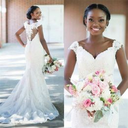 2020 Saudi African Mermaid Wedding Dresses Off Shoulder Cap Sleeves Lace Appliques Sheer Back With Button Sweep Train Plus Size Bridal Gowns