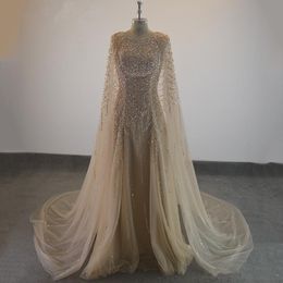 Elegant Crystal Beaded Evening Dresses Champagne Tulle Cape Ruffles Long Prom Party Gowns Dress Wear