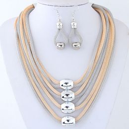-Conjuntos de joyas de cadenas multicapa para mujeres Bisutería Pendientes de collar de metal dorado Conjunto Parure Bijoux Joyería Femme