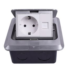 All Aluminum Silver Panel EU Standard Pop Up Floor Socket Electrical Outlet With RJ45 Internet Computer Port