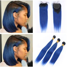 Straight #1B/Blue Ombre Peruvian Human Hair Weave Bundles Dark Root with Closure Three Part 4x4 Lace Closure Ombre Blue with Bundle Deals