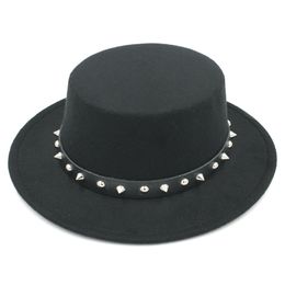 New Fashion Men Women Wool Blend Bowler Cap Flat Top Hat Wide Brim Boater Sailor Cap Pork Pie Hat Leather Band with Rivet