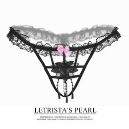 Women's Erotic Lace Briefs G-string Thong Pearls Crotch Less Sexy Tang Briefs Lady Embroidery Rose Flower Panties Transparent Underwear
