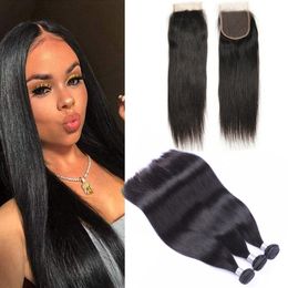 Indian Raw Virgin Human Hair Extensions Straight 3 Bundles With Lace Closure 4X4 Baby Hair Wefts With 4X4 Lace Closure Straight 8-28inch