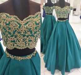 Gold Lace Off shoulder Prom dress Long 2 Pieces 2018 Short Sleeves Bead Sequin Floor length Satin Corset Back Evening Formal Pageant Dresses