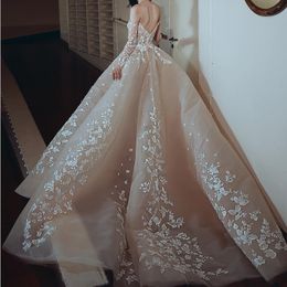 Champagne Long Sleeve Prom Dress Sexy Off The Shoulder Embroidery Applique Ball Gown Evening Dress Glamorous Saudi Arabia Fluffy Party Dress