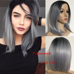Fashion Short Straight Ombre Black Grey Afro Wig Synthetic Wigs Natural Hair For Black Women None Lace Hairstyle In Stock