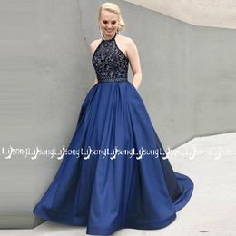 2018 Blue Black Halter Prom Dress Maxi Gowns Vestido de Festa Women Party Wear Evening Dress High Quality Lace Top Long Bottoms Custom-Made