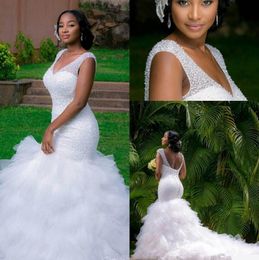 Sexy White Plus Size Mermaid Wedding Dresses Sparkly Crystals Beaded V Neck Lace-up Ruffled Skirt Tulle African Country Trumpet Bridal Gowns