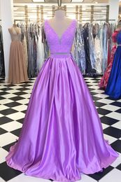 Beautiful Lilac 2 Piece Evening Formal Dress 2018 Deep V neck Satin A line Beaded Sequin Sweep Train Prom Dress