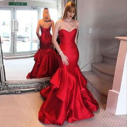 Elegant Red Mermaid Evening Dresses Sweetheart Ruffles Satin Floor Length Simple Formal Prom Dresses Pageant Gowns Lace Up