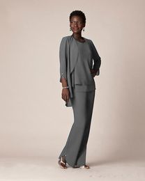 Grey Chiffon Formal Pant Suits For Mother Groom Dresses 2024 Evening Wear Long Mother of the Bride Dresses With Jackets Plus Size Custom