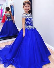 Crystals Toddler Girls Pageant Dresses Royal Blue Crystals Glitz Girls Birthday Party Gowns Kids Formal Prom Ball Gowns Sweep Trai279Y