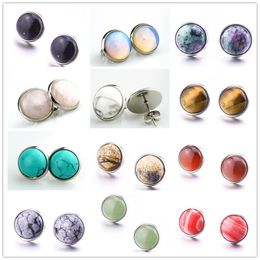 Fashion Silver Color Stainless steel Natural stone Earrings Green Turquoise Pink Crystal Stud Earrings For Women Jewelry