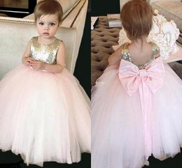 Cheap Blush Lovely Pink Flower Ball Gown Sweep Train Tulle Bow Pageant Dresses Kids Prom Party Dress For Little Girls