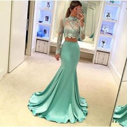 Two Pieces Mint Green Mermaid Prom Dresses High Neck Long Sleeve Applique Lace Party Dress Cheap Evening Gowns Custom Made