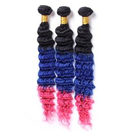 #1B/Blue/Pink Ombre Brazilian Virgin Human Hair Extensions 3Pcs Deep Wave Wavy Ombre Bundles Deals Three Tone Coloured Virgin Hair Weaves