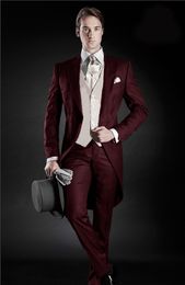 Morning Style Burgundy Tailcoat Groom Tuxedos Eiegant Men Wedding Wear High Quality Men Formal Prom Party Suit(Jacket+Pants+Tie+Vest) 965