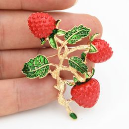 Gold Tone Alloy Lovely Red Strawberry Brooch Amazing Fruit Berries Scarf Pin For Women Lady Apparel Accessories For Party