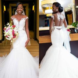 Stunning African Mermaid Wedding Dresses Sheer Neck Plus Size Tulle Lace Applique Bridal Gown Train Church Bride Dress New Arrival