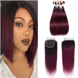 Ombre Peruvian Straight Human Hair Bundles with Lace Closure Coloured Peruvian 1B/99# Burgundy Remy Human Hair Weave with Closure