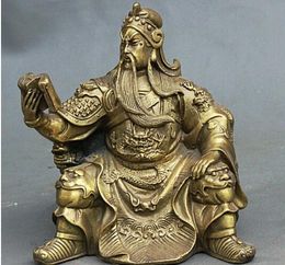 5" Chinese Brass Carving Guan Gong Dragon Lion Guan Yu Hold Book Buddha Statue