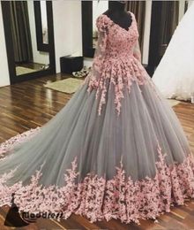 Pink Appliques Lace Prom Dresses Capped V Neck Long Sleeves Ball Gowns Grey Tulle Sweep Train Formal Evening Dresses Custom Made