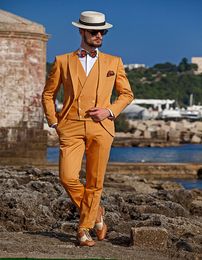 Slim Fit Yellow Groom Tuxedos Handsome One Button Groomsman Men Formal Men Prom Dinner Business Suit Customize(Jacket+Pants+Tie+Vest)No:845